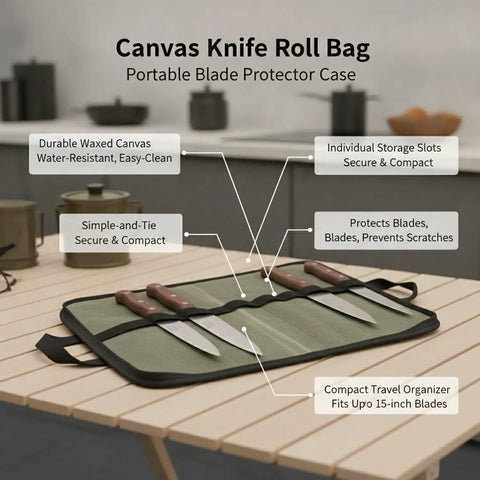 Green canvas Knife Roll Bag With Individual Slots For Safe, On The Go Blade Storage Portable Protector Case on wooden table