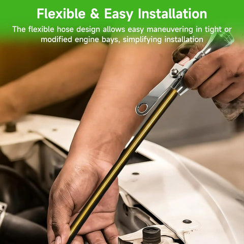 Go-To Flexible Stainless Oil Dipstick Replacement For LS Engines LSX LS1 LS2 LS6 4.8L 5.7L 6.0L 6.2L Delivers Accurate Readings With Heat And Cold Markings Durable Construction Easy To Read being installed in engine bay by hand
