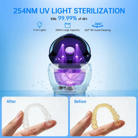 Go-To Ultrasonic Retainer Cleaner Pod With 45KHz Deep Cleaning, Digital Timer, 200ml Tank; UV sterilization; before and after aligners.