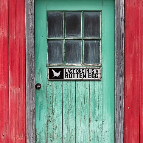 Farmhouse Style Chicken Coop Sign Metal Tin Outdoor Hen House Decor Last One In Is a Rotten Egg on vintage red-green door