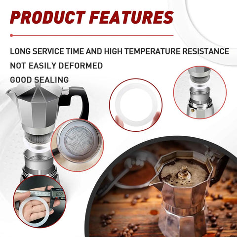 6 Pack Silicone Gasket Seals For Moka Express Dama 9 Cup Stovetop Coffee Maker Food Grade Pro Grade Replacement Installed