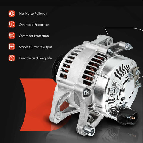 Alternator For Dodge And Jeep Fans, Fits Dakota Grand Cherokee Cherokee Wrangler TJ Comanche 1991-1998, 90 Amp 12V CW With 6 Groove Pulley, side view with features