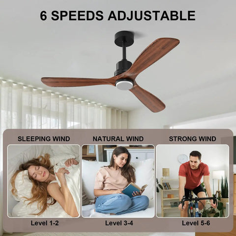 52 Inch Mainstay Ceiling Fan With Bright Led Glow And Zero Buzz Wireless Remote For Indoors Outdoors Solid Walnut Wood Design Silent Dc Motor image showing 6 adjustable speed settings.