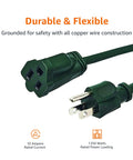 Close-up of plugs on long 100-foot 3-prong indoor outdoor extension cord with grounded copper wire 125 VAC 10 amps 1250 watts vinyl covered