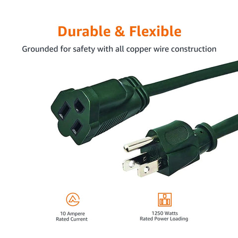 Close-up of plugs on long 100-foot 3-prong indoor outdoor extension cord with grounded copper wire 125 VAC 10 amps 1250 watts vinyl covered