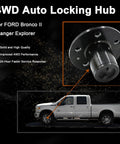 4WD auto locking hub for Ford Bronco II Ranger Explorer with truck image, highlighting performance and quality features.