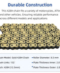 Image showing Heavy Duty 428H Drive Chain For Dirt Bikes And ATVs, 132 Link With 6 Master Links, gold outer and blue inner plates.