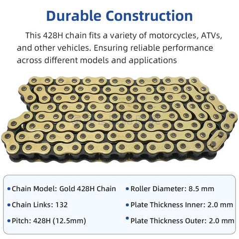 Image showing Heavy Duty 428H Drive Chain For Dirt Bikes And ATVs, 132 Link With 6 Master Links, gold outer and blue inner plates.