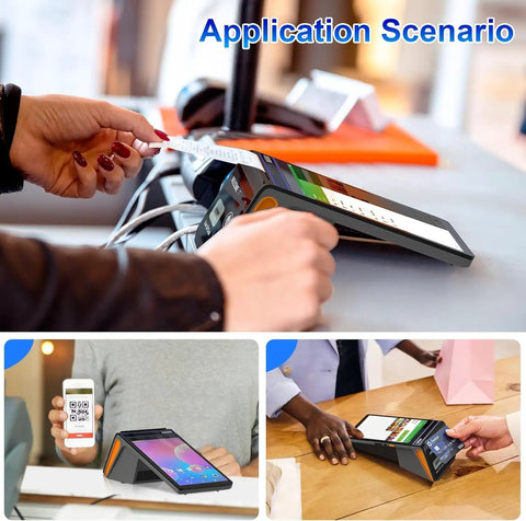 4G And WiFi POS Terminal with Android 12, 3GB RAM, 16GB ROM, 8 Inch IPS Touch Screen, 58mm printer, used in retail.