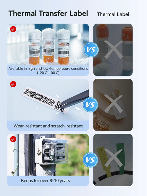 Comparison of thermal transfer labels vs. thermal labels showing temperature resistance, durability, and lifespan.