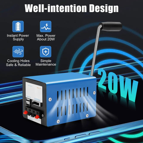 Portable 20W Hand Crank Generator With USB Output And 28V Direct Power, blue metal design, multiport features