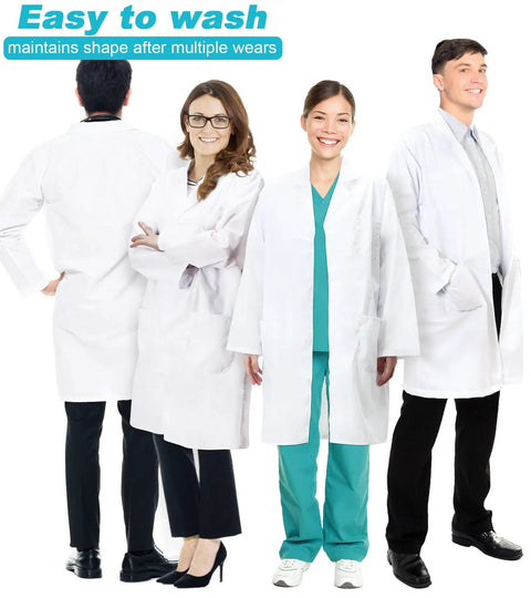 Group wearing Unisex Lab Coat For Men And Women, White Long Sleeve Chemistry Coat Size M, showcasing pro grade comfort and fit