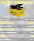 Heavy Duty Aluminum Air Hydraulic Foot Pump, 10,000 PSI Output, 1.7 Liter Reservoir, NPT 1 Quarter Inch Inlet And 3 Eighth Inch Oil Outlet, Portable Shop Power Tool For Automotive And Industrial Use, Yellow, with specifications shown.