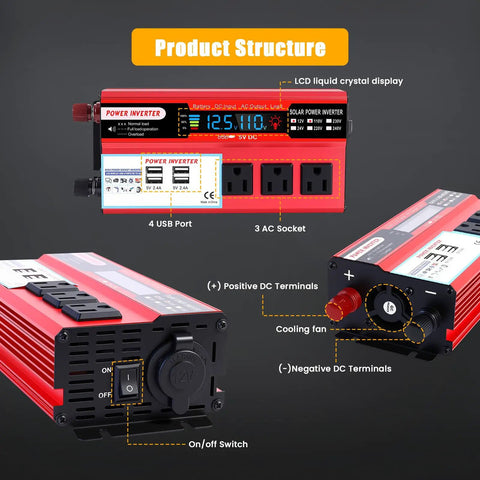 Tailgate Beast 1000W Peak Power Inverter Converts 12V DC To 110V AC With 3 Wall Outlets And 4 Quick Charge Usb Ports. Power inverter shown with outputs and LCD display.