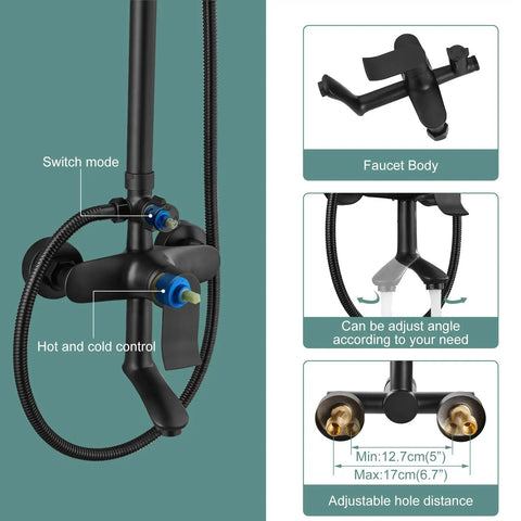 Matte Black Rain Shower System Set With Exposed Fixtures, Triple Function Shower Kit of 8 Inch Rainfall Head controls and connections