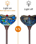 Tiffany Style Stained Glass Torchiere Floor Lamp 70 Inches Tall With Blue Dragonfly Accent light on vs off