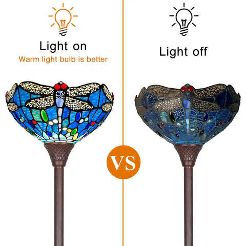 Tiffany Style Stained Glass Torchiere Floor Lamp 70 Inches Tall With Blue Dragonfly Accent light on vs off
