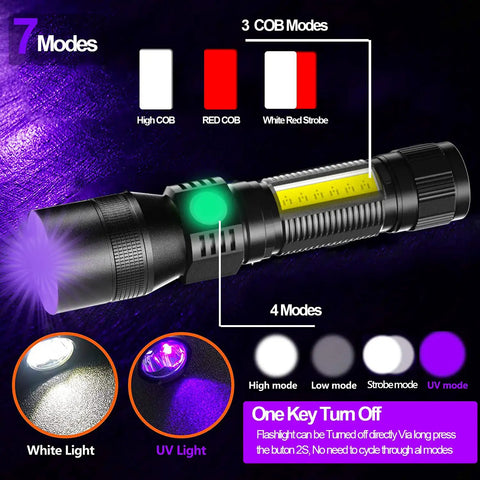 Rechargeable UV Black Light Flashlight 3in1 Tactical LED With Red Light 2000 Lumens 7 Modes Zoomable Waterproof Pocket Flashlight