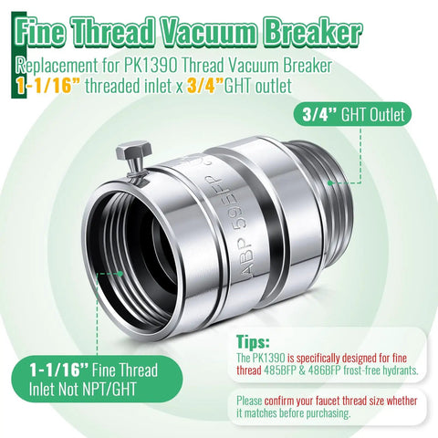 Self Draining Vacuum Breaker For Hose Backflow Prevention Hassle Free, Compatible With Arrowhead Brass PK1390, 1-1/16 Inch Female Thread To 3/4 Inch GHT Male Thread, Anti Siphon Valve With Automatic Drainage And Sealing Tape.