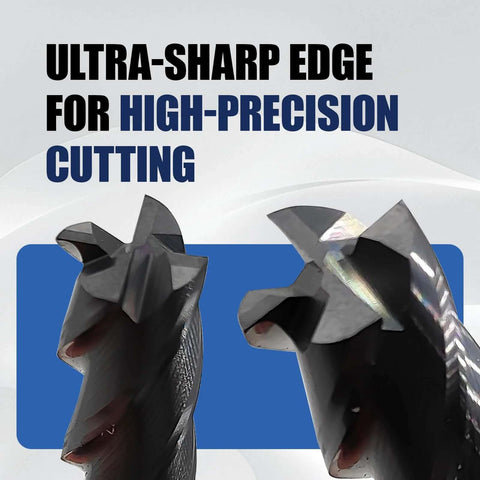 Close-up of two 1/8 in carbide square-end milling bits, 4-flute, TiAlN-coated CNC end mills for steel