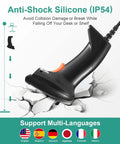 Black Speedy 1D USB Barcode Scanner With Stand falling shown with anti-shock silicone protection and multi-language support icons.