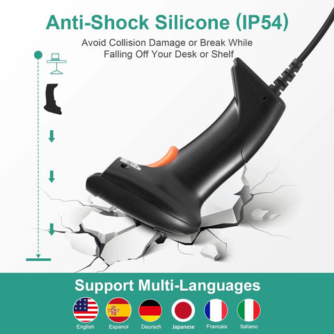 Black Speedy 1D USB Barcode Scanner With Stand falling shown with anti-shock silicone protection and multi-language support icons.