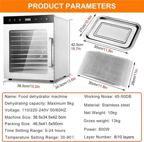 Premium Electric Food Dehydrator With Six Heavy Duty Mesh Trays For Rapidly Drying Fresh Fruits Vegetables Herbs And Homemade Beef Jerky, Stainless steel design with six trays, 42.5cm height.