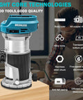 Heavy Duty Cordless Palm Router Built Tough For Job Site Woodworking Runs Buttery Smooth With Quick Makita 18V Battery Swap And Zero Tangled Cord Hassle, showing brushless motor and speed adjustment.