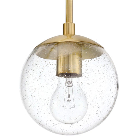 Gracelyn Satin Gold 3-Light Bathroom Vanity Light With Clear Seedy Glass Globes, Dimmable And Easy To Install, close-up of fixture