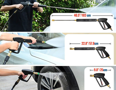 Pressure Washer Gun And Hose Kit 25 Ft Kink Resistant Hose With Swivel Quick Connect And M22 To 14mm Fittings 4000 PSI Rated Replacement For Ryobi Simpson Craftsman, person cleaning car
