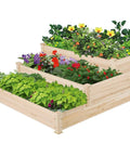 Three Tier Raised Garden Bed With 47 Inch Square Footprint And 22 Inch Height Wooden Planter For Backyard Or Patio Outdoor Elevated Flower Box For Vegetables And Herbs filled with various plants.