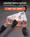 Heavy Duty 50 Ft Retractable Extension Cord Reel With 3 Grounded Outlets Lit Triple Tap 13 Amp Circuit Breaker 14AWG SJTOW Cord
