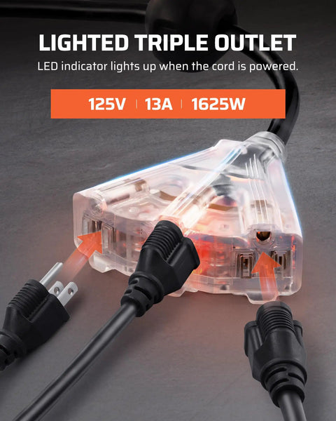 Heavy Duty 50 Ft Retractable Extension Cord Reel With 3 Grounded Outlets Lit Triple Tap 13 Amp Circuit Breaker 14AWG SJTOW Cord