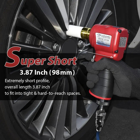 1/2 Inch Mini Air Impact Wrench With Twin Hammer For One Hand Operation in use on car wheel