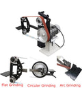 Heavy-Duty Shop Beast 71 Inch Belt Grinder Vertical And Horizontal Modes With Stepless Speed Adjustment Up To 2840 RPM Comes Loaded With Three Grinding Wheels For Tough Jobs 1500W 110V Powered showcasing multiple grinding options.
