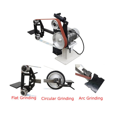 Heavy-Duty Shop Beast 71 Inch Belt Grinder Vertical And Horizontal Modes With Stepless Speed Adjustment Up To 2840 RPM Comes Loaded With Three Grinding Wheels For Tough Jobs 1500W 110V Powered showcasing multiple grinding options.