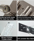 Five Light Brushed Nickel Vanity Light Fixture With 40W 6000K Non Dimmable LED details, bubble crystal shade, junction box.