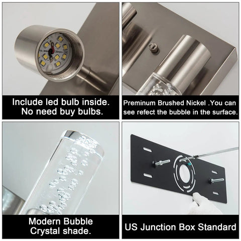 Five Light Brushed Nickel Vanity Light Fixture With 40W 6000K Non Dimmable LED details, bubble crystal shade, junction box.