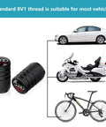 Image showing Heavy Duty Aluminum Tire Valve Stem Caps For Audi A3 A4 A5 A6 A7 A8 Q3 Q4 Q5 Q6 Q7 Q8 Black 4 Pack next to car, motorcycle, and bicycle.