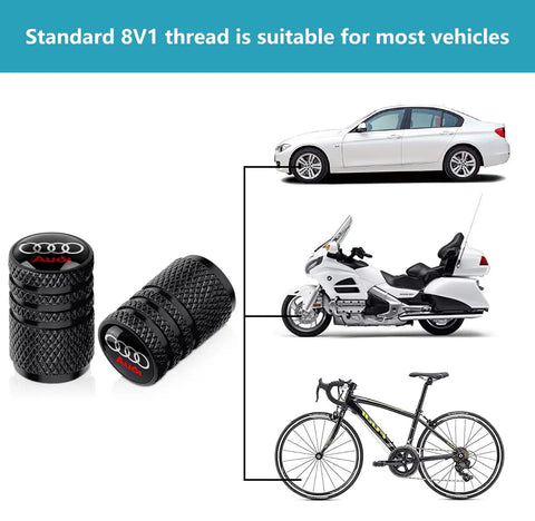 Image showing Heavy Duty Aluminum Tire Valve Stem Caps For Audi A3 A4 A5 A6 A7 A8 Q3 Q4 Q5 Q6 Q7 Q8 Black 4 Pack next to car, motorcycle, and bicycle.