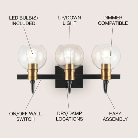 21.5 Inch Black And Brass Gold Vintage Wall Sconce With Clear Glass Globe Shade Sleek Industrial Arched LED Vanity Light For Bathroom Bedroom Entryway LED Bulb Included, close-up view.