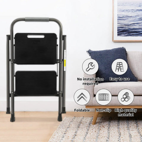 Two Step Folding Ladder With Non Slip Wide Pedal And Rubber Feet, Lightweight Steel Stool With Sponge Safety Handrail, 330 Lb Capacity, Portable Multi Use Ladder For Home And Office, Gray next to sofa