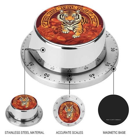 Stainless Steel Kitchen Timer With Magnetic Base, Countdown Timer for Gym, Office, Cooking, Baking, Jogging, Tiger Design