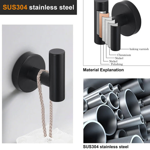 Matte Black Stainless Steel Towel Coat Hook Wall Mounted Rock Solid 304 Stainless Steel Robe Hook with material illustration