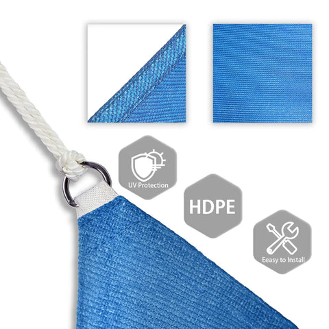 Blue Sun Shade Sail Right Triangle 8x8x11.3 Ft Built Tough UV Blocking Fabric with metal ring and rope detail