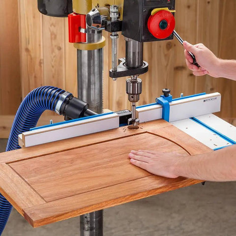 Drill Press Fence With Adjustable MDF Faces For Easy, Precise Repeatability, Lets You Straddle Large Forstner Bits And Sanding Spindles