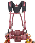 Padded Yoke Leather Suspenders For Pros, Heavy Duty Top Grain Leather, 1680D Nylon, with Tool Belt Attached, Contoured Yoke
