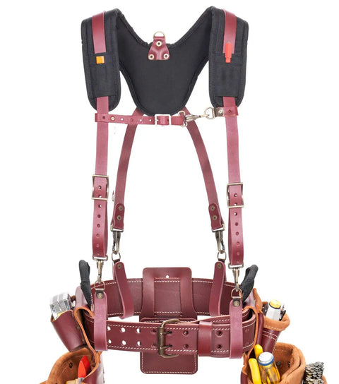 Padded Yoke Leather Suspenders For Pros, Heavy Duty Top Grain Leather, 1680D Nylon, with Tool Belt Attached, Contoured Yoke