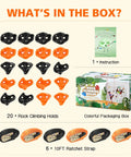 Image shows 20 Ninja Tree Climbing Holds Kit With 6 Ratchet Straps For Outdoor Ninja Warrior Obstacle Course Training In Bright Orange And Black For Kid Safe Totally Fun Climbing Set contents.