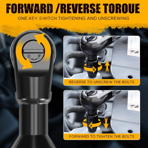 Hella Badass 3/8 Inch Air Ratchet Wrench Set With 1/2 Drive Adapter And Six Precision Sockets showing forward/reverse switch for easy bolt adjustment.